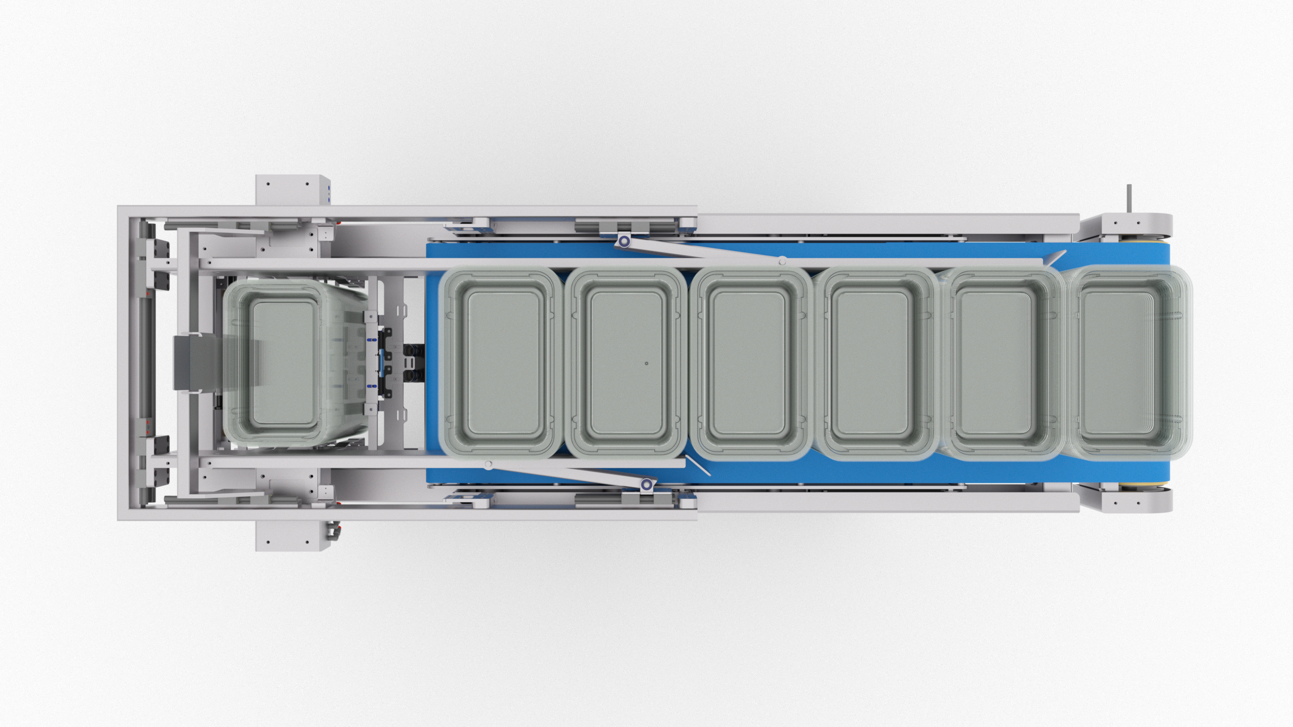 totem tray denester automatic feeding system with stacks of trays in horizontal.