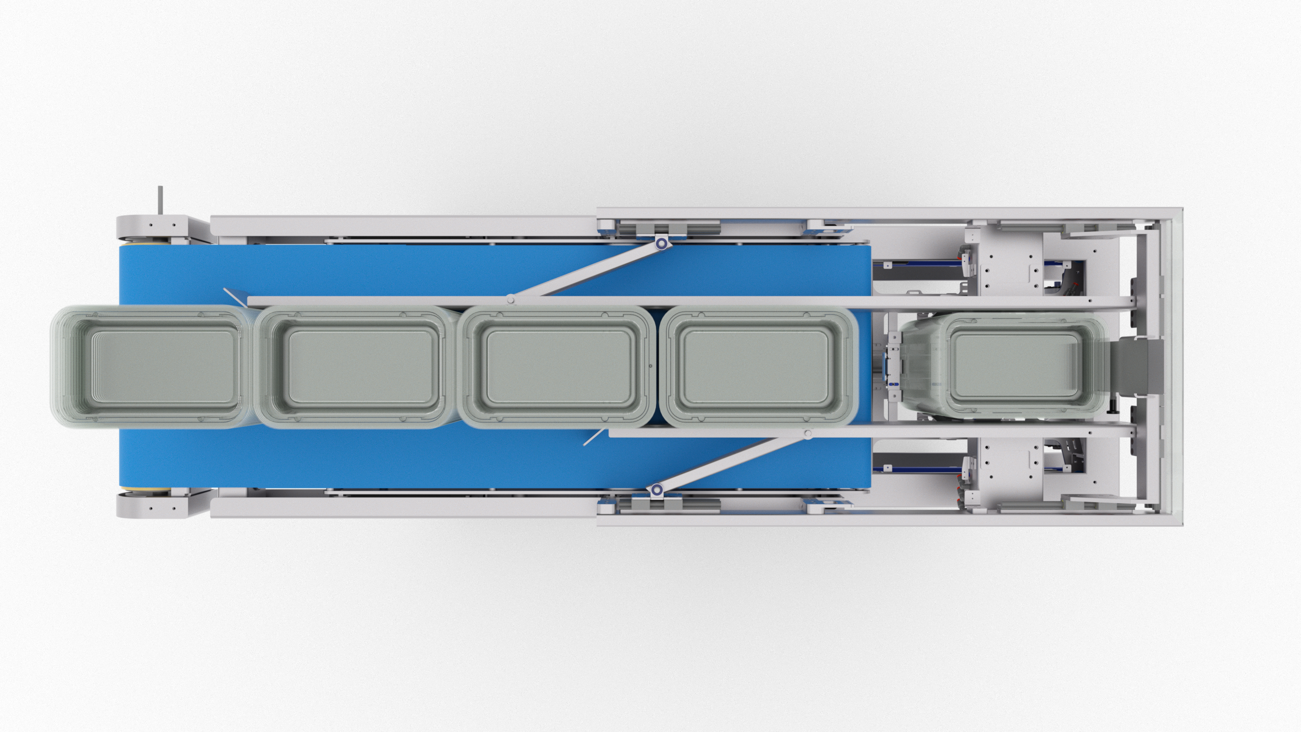 totem tray denester automatic feeding system with stacks of trays in long side.